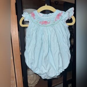Petit Bebe smocked elephants bubble ruffle baby girl embroidered gingham romper